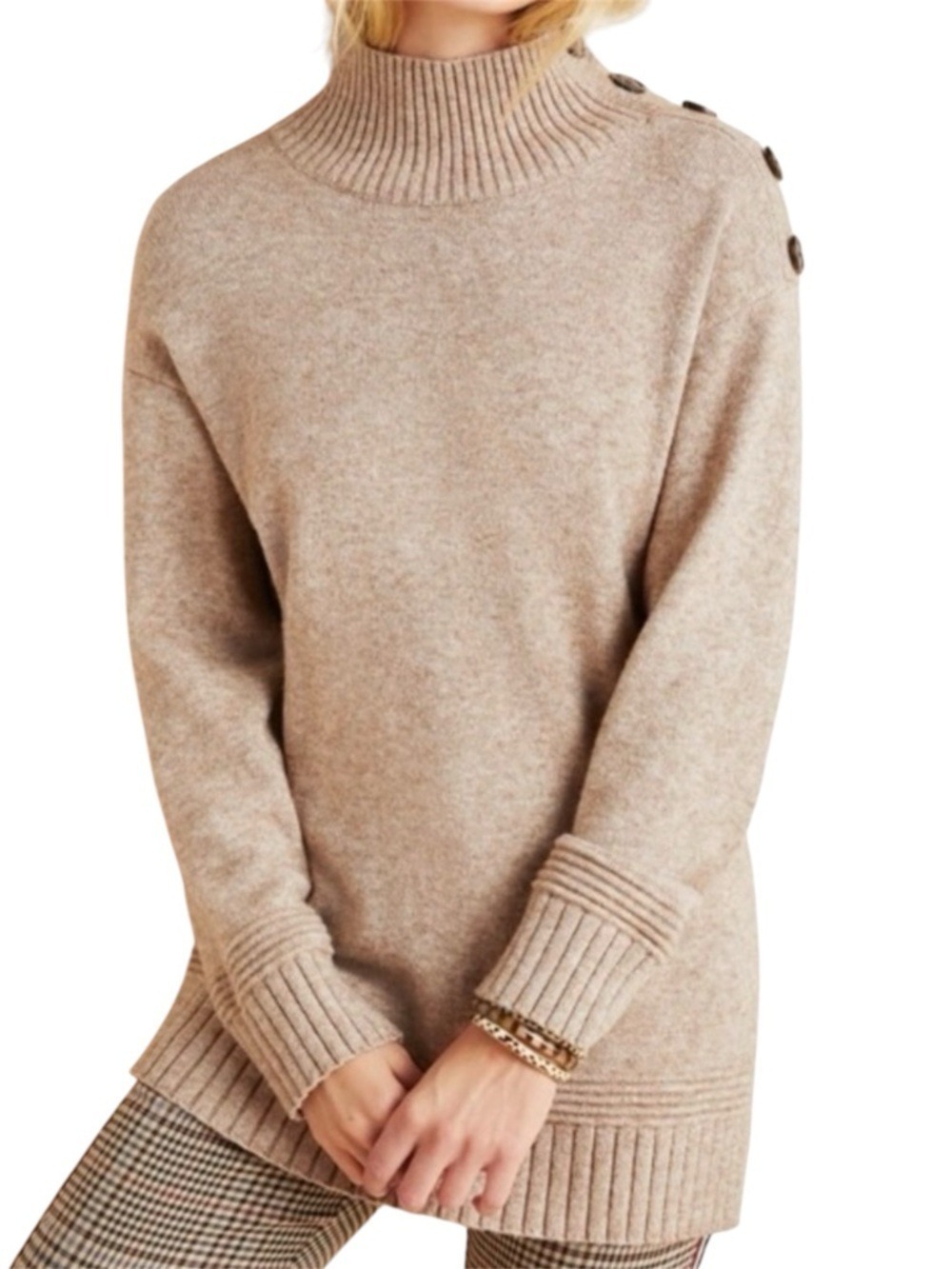 Anthropologie Margarita Tunic Jumper Sweater XS Mock Neck Buttons Relaxed Taupe